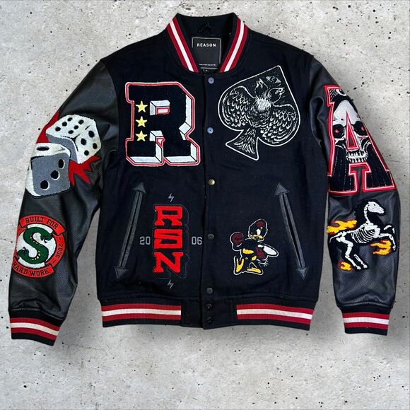 Reason Spoiler Varsity Jacket Size L 100% Wool Chenille Patches H0-147BLKRED - Picture 1 of 12